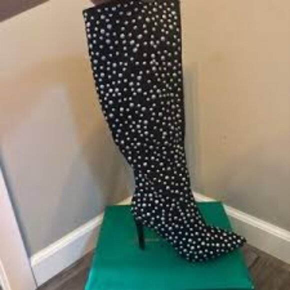 NIB- Lauren Lorraine Haddie Studded Black Stiletto Heel Boots - Picture 2 of 4